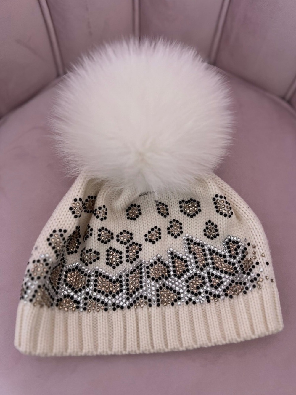 Ivory Beanie with Faux Fur Pom and Leopard Crystal Accents